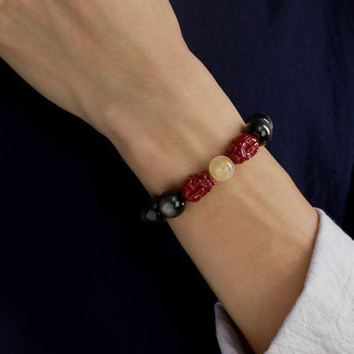 Buddha Stones Gold Sheen Obsidian PiXiu Cinnabar Om Mani Padme Hum Protection Bracelet - image 2
