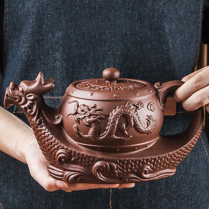 Buddha Stones Vintage Dragon Auspicious Clouds Purple Clay Ceramic Teapot - image 0