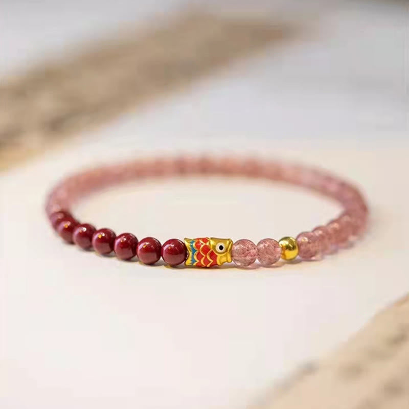 Buddha Stones Natural Strawberry Quartz Cinnabar Lucky Koi Fish Healing Bracelet - image 19