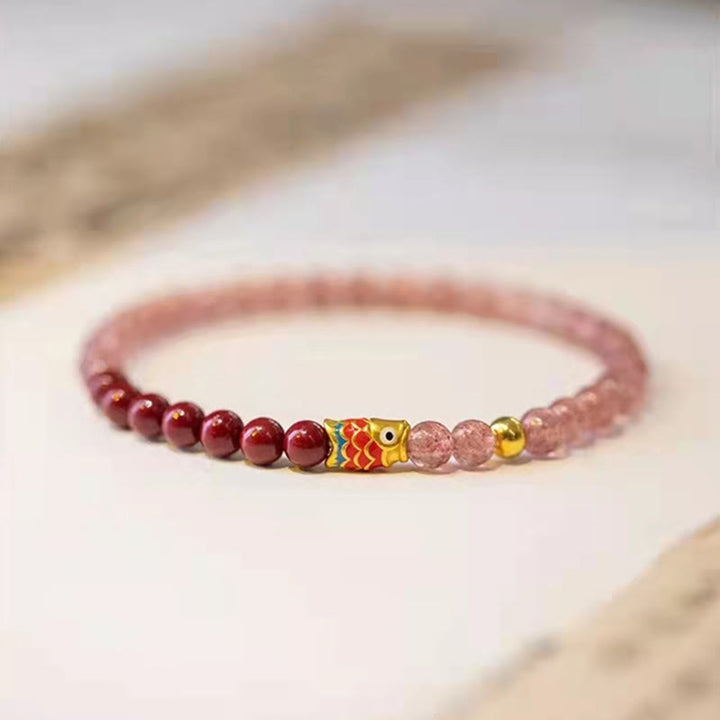 Buddha Stones Natural Strawberry Quartz Cinnabar Lucky Koi Fish Healing Bracelet - image 19