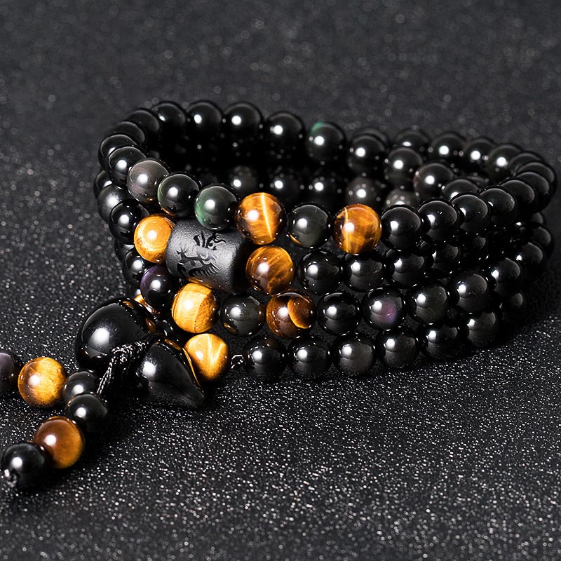 Buddha Stones Natural Black Obsidian Rainbow Obsidian Gourd Blessing Bracelet Mala - image 3