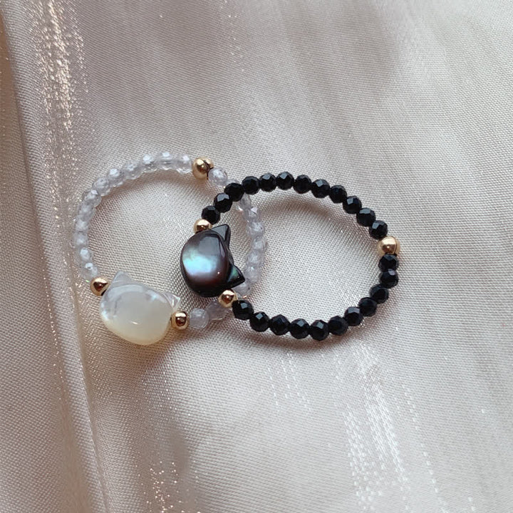 Buddha Stones Natural Tridacna Stone Lovely Cat 14K Gold Plated Blessing Ring - image 1