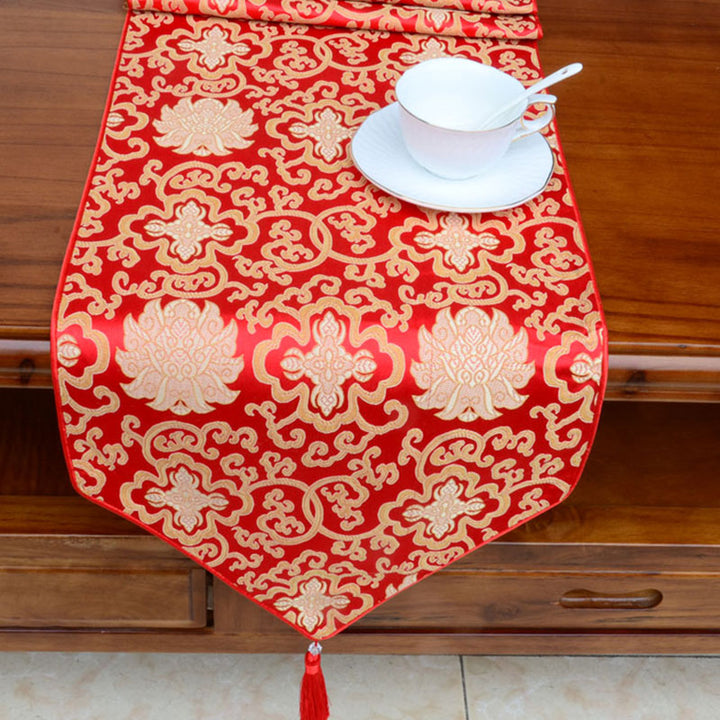 Prayer Altar Flower Vajra Dragon Pattern Tibetan Auspicious Symbols Tassels Jacquard Table Runner - image 1