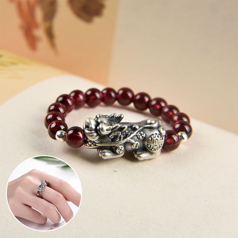 Buddha Stones 925 Sterling Silver Natural Garnet Moonstone Red Agate PiXiu Wealth Ring - Garnet PiXiu - image 0