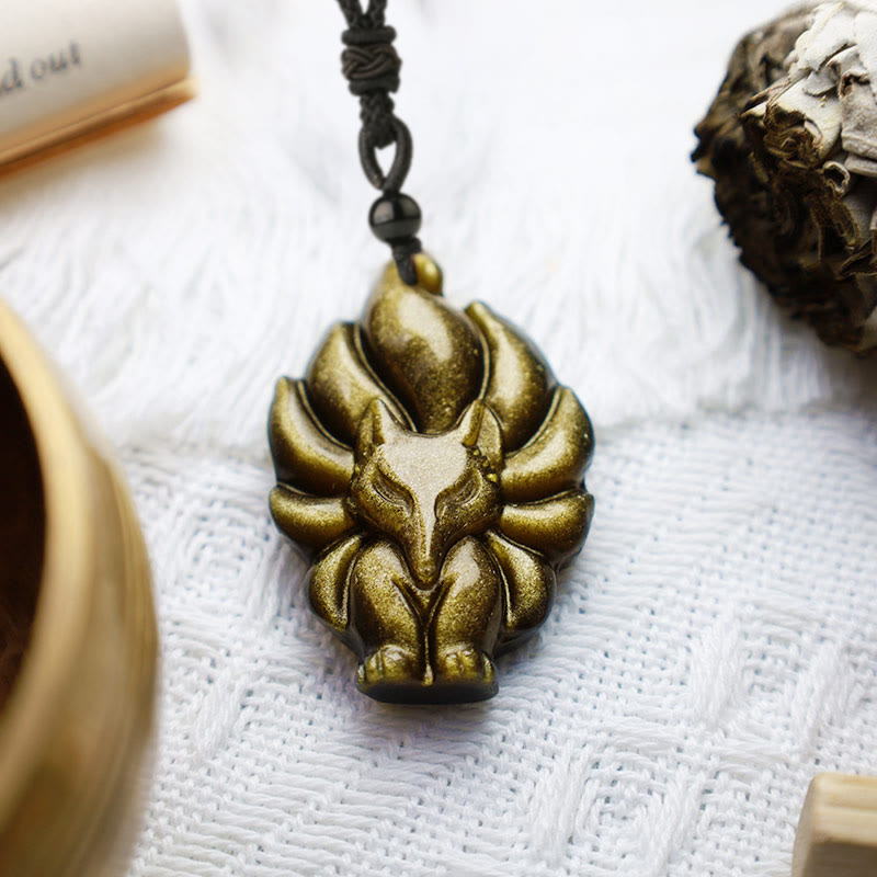 Buddha Stones Natural Fluorite Gold Sheen Obsidian Fox Pendant Protection Necklace - image 9
