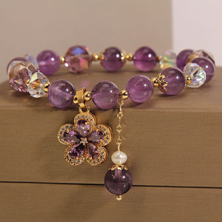 Natural Amethyst Pearl Flower Charm Positive Transformation Bracelet - image 5
