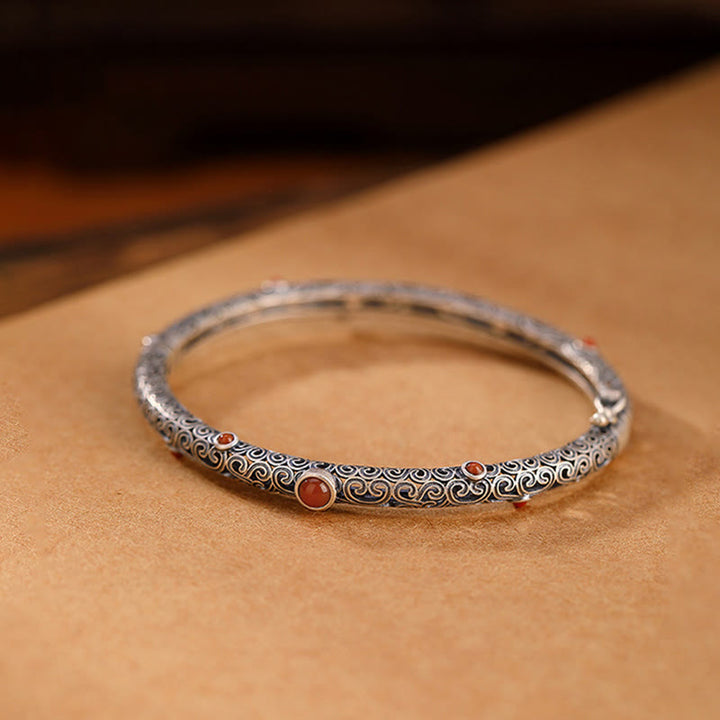 Vintage Tang Dynasty Flower Design Engraved Red Agate Copper Luck Bracelet Bangle - image 9