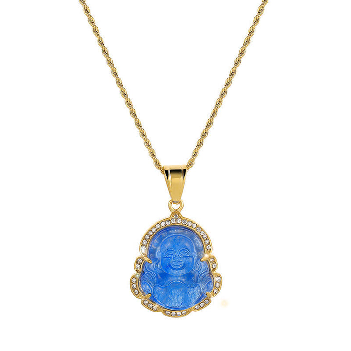 Buddha Stones 18K Gold Filled Laughing Buddha Jade Luck Necklace Chain Pendant - Blue - image 14