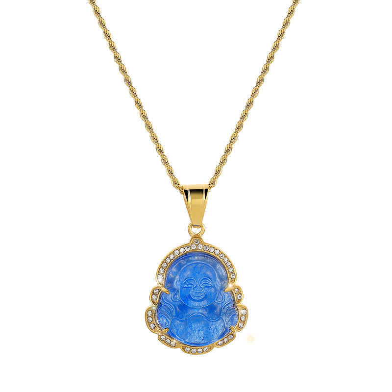 Buddha Stones 18K Gold Filled Laughing Buddha Jade Luck Necklace Chain Pendant - Blue - image 17