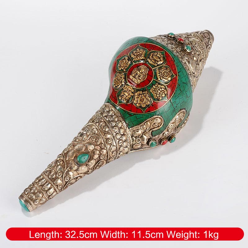 Buddha Stones Tibetan Handmade Engraved Shankha Double Dorje Buddha Conch Shell Wealth Positive Decoration - Eight Auspicious Symbols Sakyamuni 32.5*11.5cm - image 10