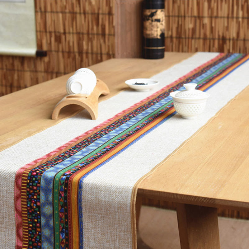 Buddha Stones Classic Chinese Style Lotus Koi Fish Flower Crane Calligraphy Enlightenment Cotton Linen Tassels Table Runner - image 2