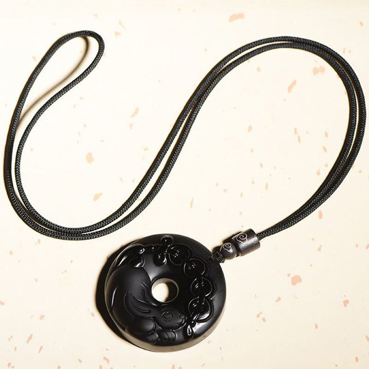 Buddha Stones Chinese Zodiac Natural Black Obsidian Peace Buckle Strength Necklace Pendant - image 5
