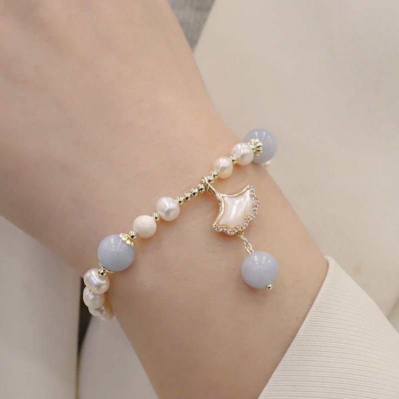 Buddha Stones Natural Aquamarine Pearl Healing Ginkgo Leaf Butterfly Charm Bracelet - image 3