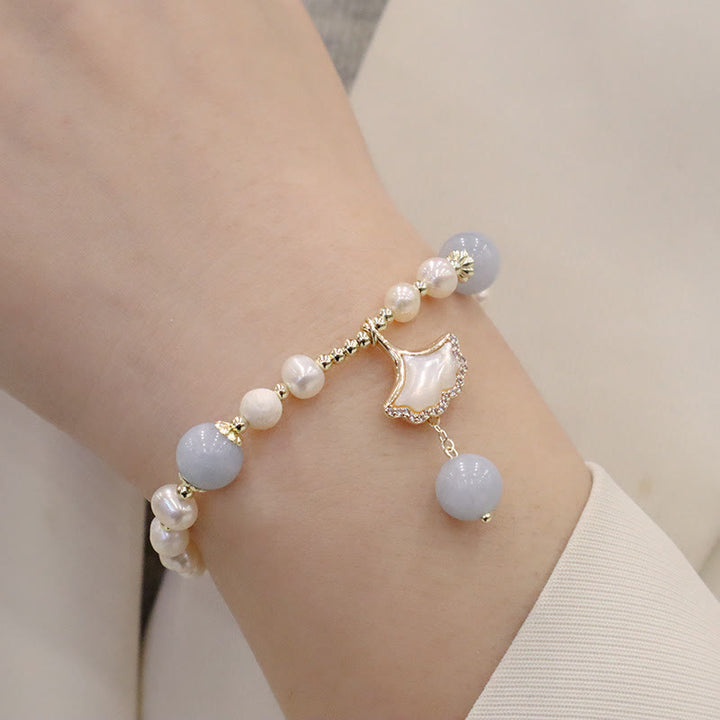 Buddha Stones Natural Aquamarine Pearl Healing Ginkgo Leaf Butterfly Charm Bracelet - image 3