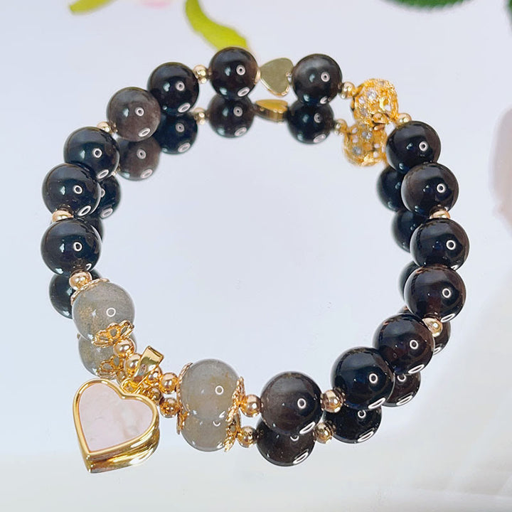 Buddha Stones Natural Silver Sheen Obsidian Love Heart Star Flower Protection Bracelet - Silver Sheen Obsidian&Love Heart - image 0
