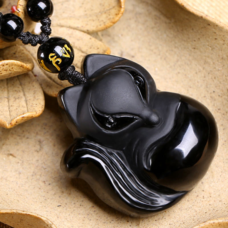 Buddha Stones Natural Black Obsidian Tiger Eye Ice Obsidian Fox Pendant Amulet Necklace - image 4