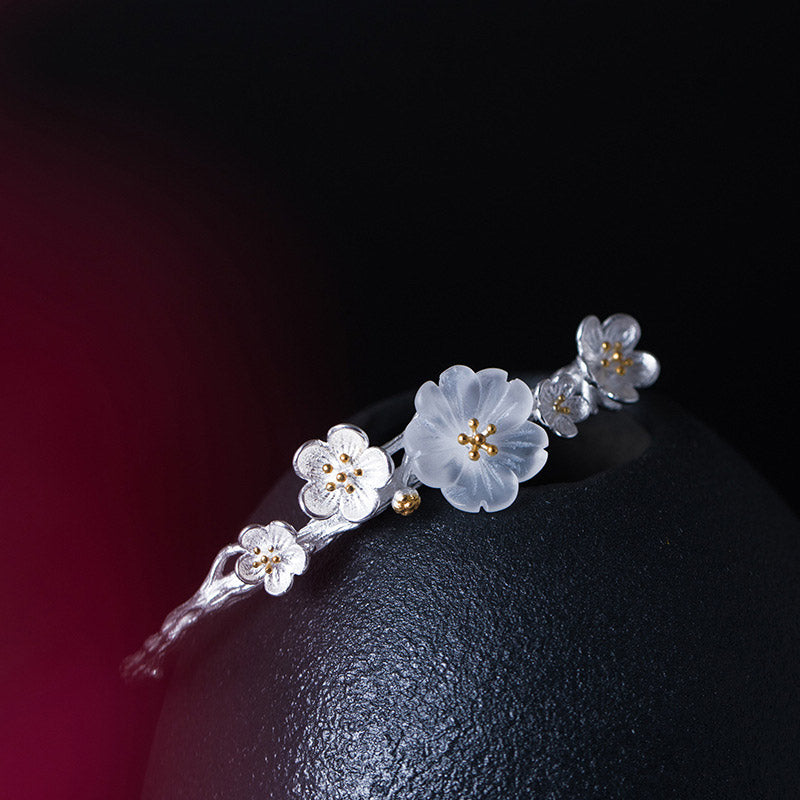 Buddha Stones 925 Sterling Silver Plum Flower Blessing Bracelet Adjustable Bangle - image 3