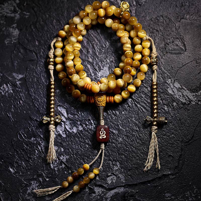 Buddha Stones 108 Mala Beads Natural Tiger Eye Copper Dorje Protection Tassel Bracelet - 6mm - Tiger Eye - Copper Dorje - image 6