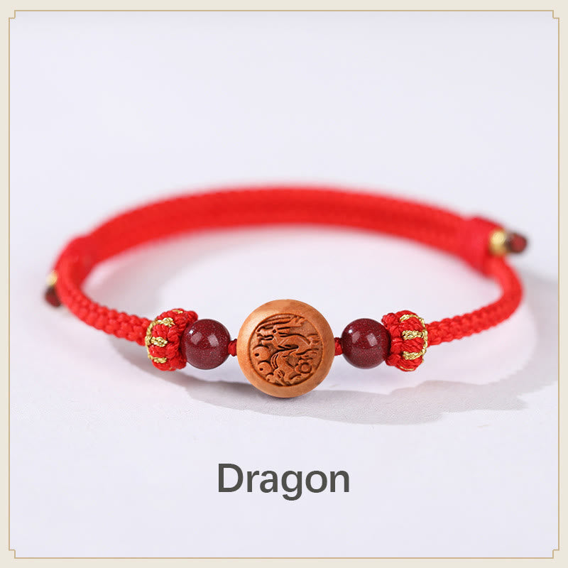 Buddha Stones Natural Peach Wood Chinese Zodiac Fu Character Carved Cinnabar Wealth Bracelet - Dragon-Red(Wrist Circumference 14-22cm) - image 4