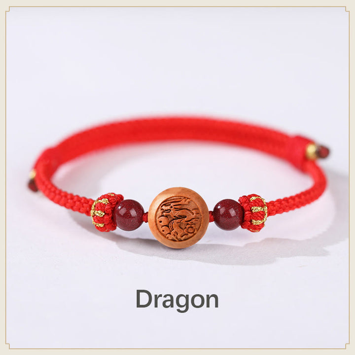 Buddha Stones Natural Peach Wood Chinese Zodiac Fu Character Carved Cinnabar Wealth Bracelet - Dragon-Red(Wrist Circumference 14-22cm) - image 4