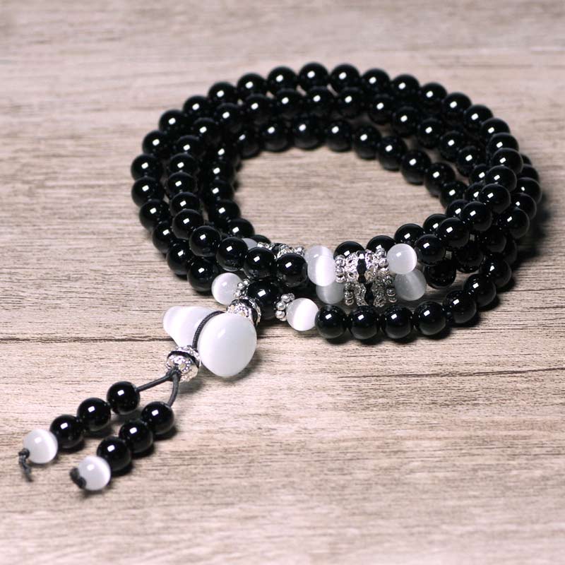 Buddha Stones Black Onyx White Crystal Bead Meditation Bracelet - image 1