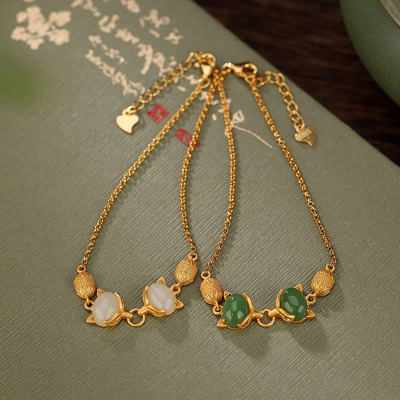 Buddha Stones 925 Sterling Silver Natural Hetian White Jade Cyan Jade Lovely Fox Luck Bracelet - image 1