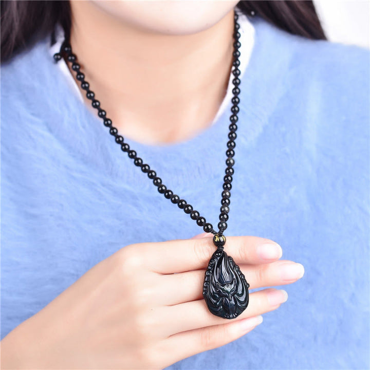 Buddha Stones Natural Rainbow Obsidian Nine Tailed Fox Inner Peace Necklace Beaded String Pendant - image 4