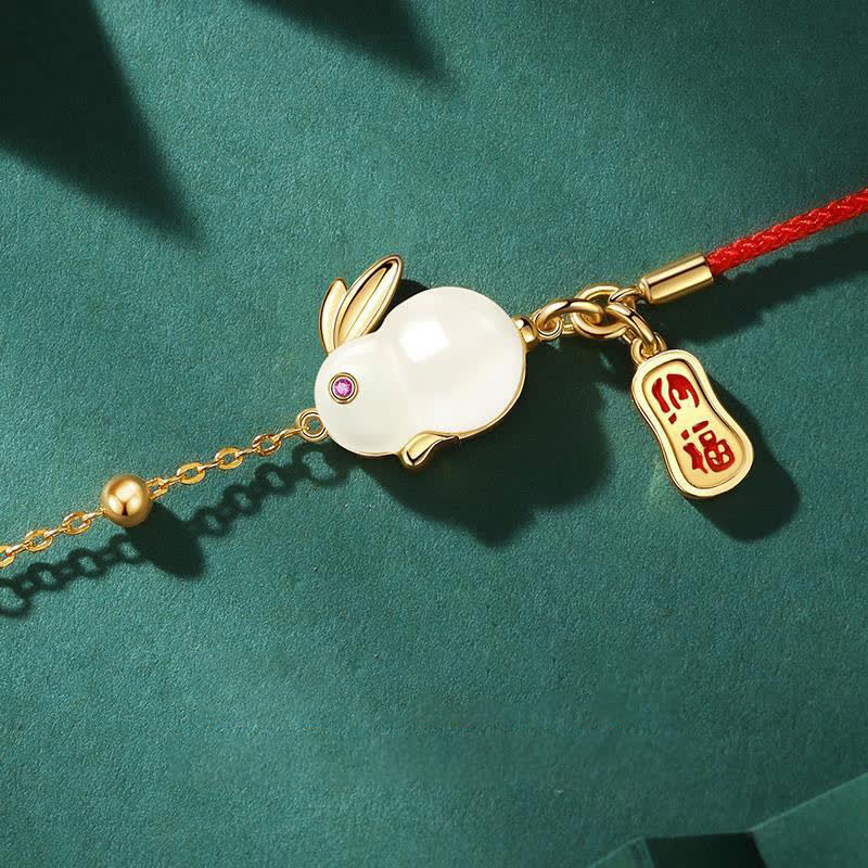 Buddha Stones Year of the Rabbit White Jade Happiness Red String Chain Bracelet - image 2