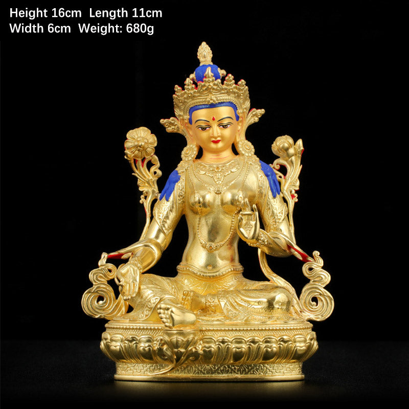Buddha Stones Bodhisattva Green Tara Protection Copper Gold Plated Statue Decoration - 5 Inch - image 1