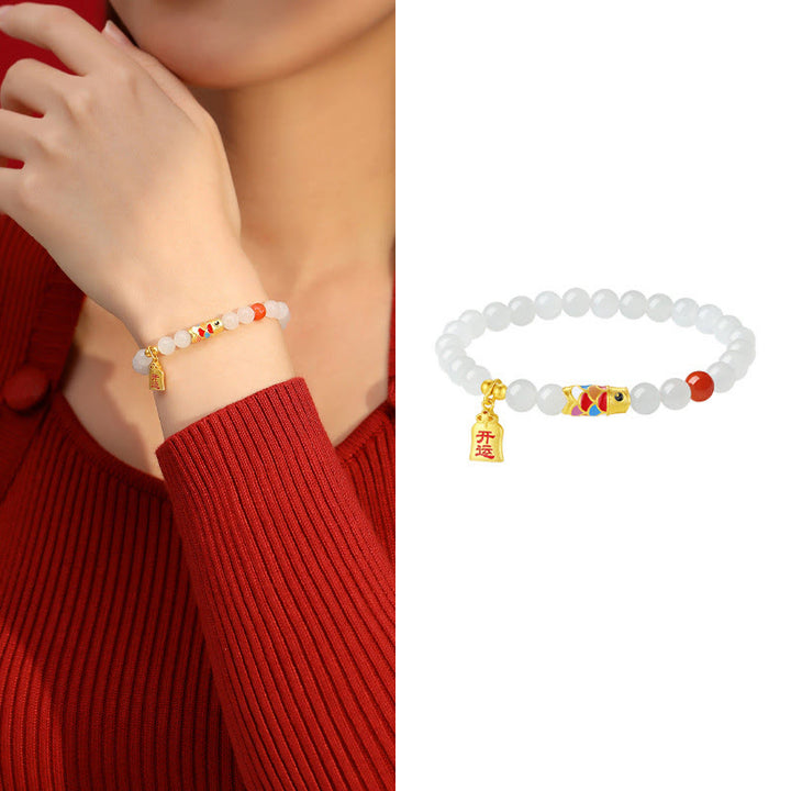 Buddha Stones 925 Sterling Silver Hetian White Jade Red Agate Koi Fish Luck Happiness Bracelet - image 9