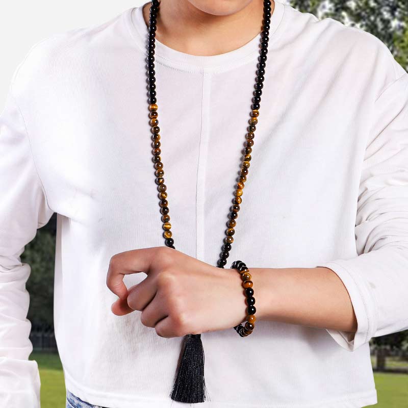 Buddha Stones Tibetan Black Onyx Tiger Eye Protection Necklace Mala Set - image 8