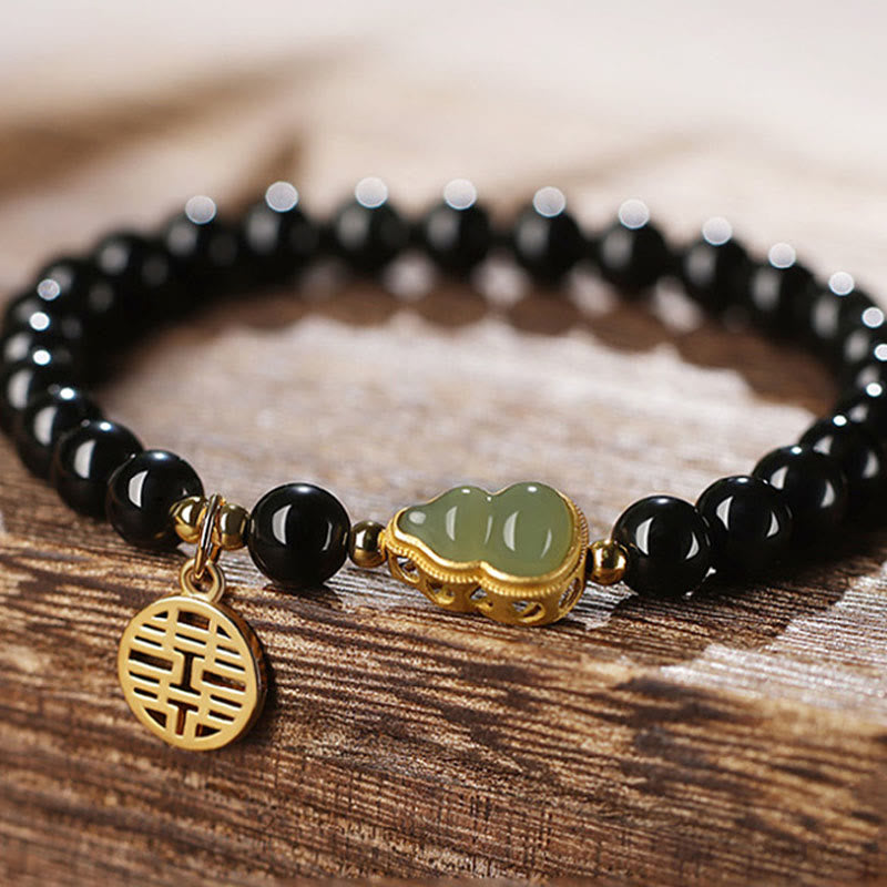 Buddha Stones Natural Black Obsidian Hetian Jade Gourd Double Happiness Strength Bracelet - image 11