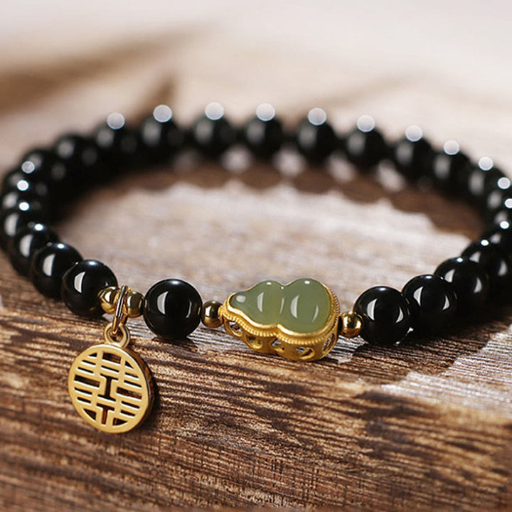 Buddha Stones Natural Black Obsidian Hetian Jade Gourd Double Happiness Strength Bracelet - image 11
