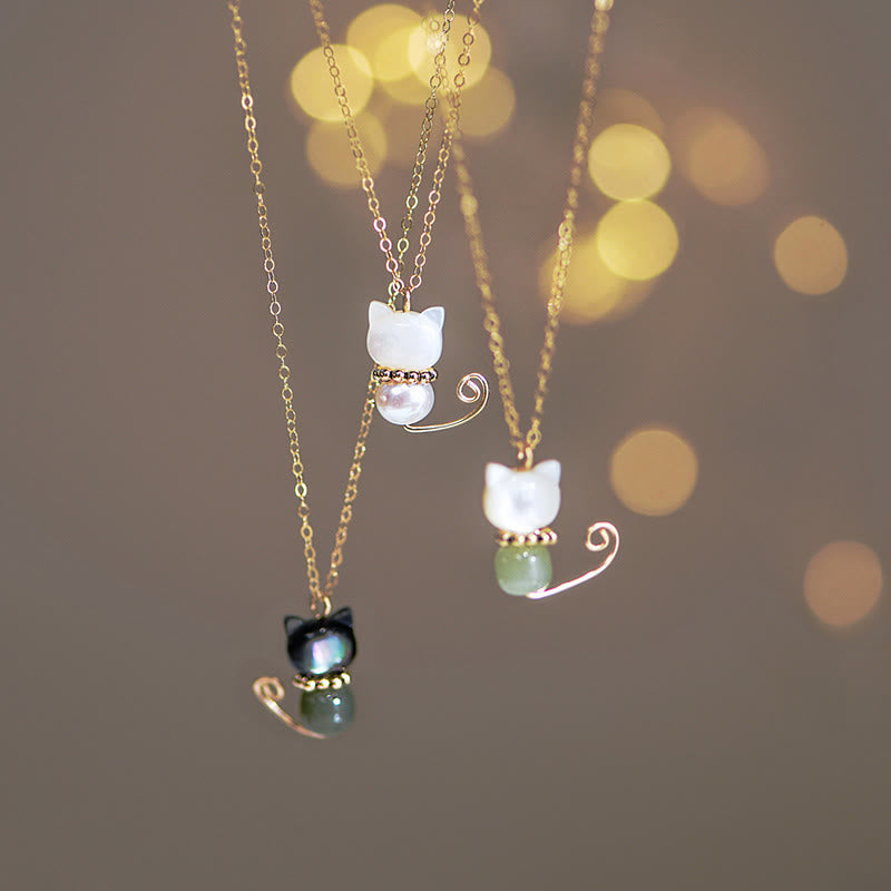 Buddha Stones 14K Gold Plated Pearl Hetian Jade Shell Luck Cat Kitten Necklace Pendant - image 0
