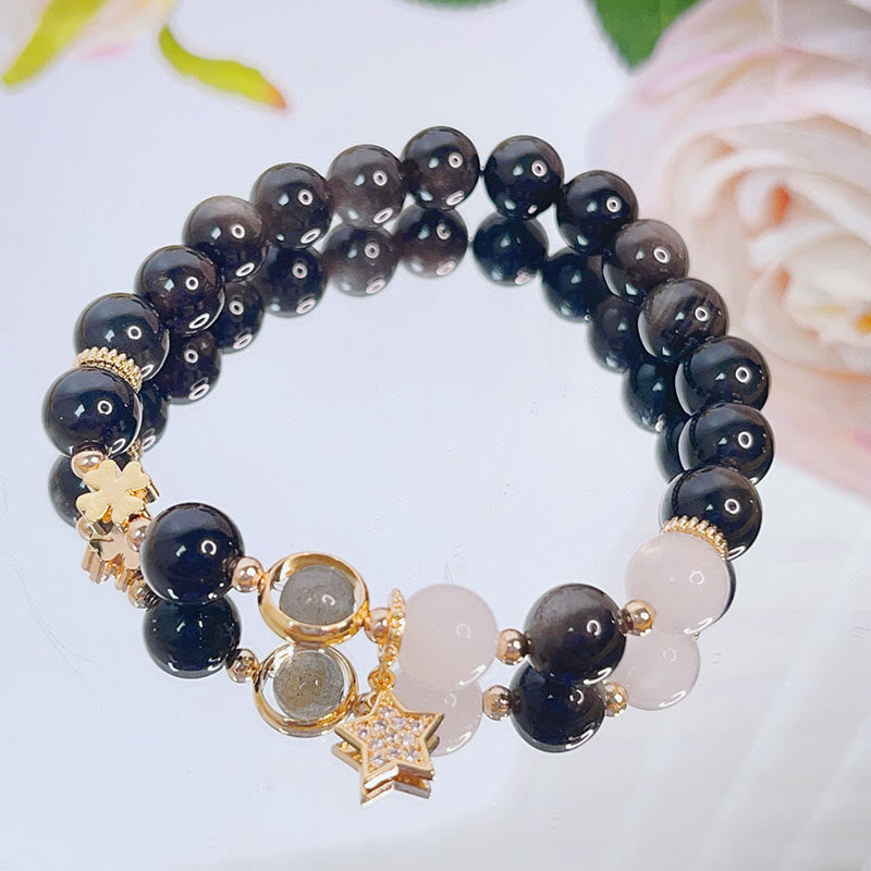 Buddha Stones Natural Silver Sheen Obsidian Love Heart Star Flower Protection Bracelet - Silver Sheen Obsidian&Star - image 5