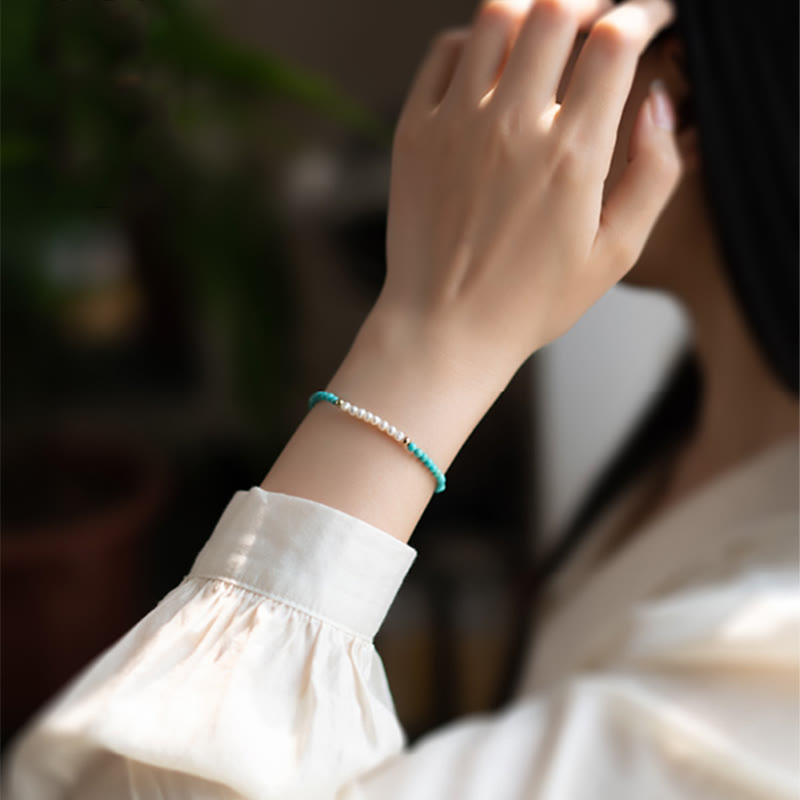 Buddha Stones 925 Sterling Silver Natural Turquoise Pearl Beaded Bracelet - image 10