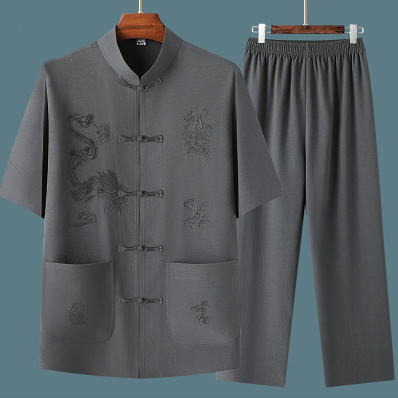 Buddha Stones Tang Suit Hanfu Chinese Dragon Traditional Kung Fu Uniform Short Sleeve Tops and Pants Clothing Men's Set - image 15