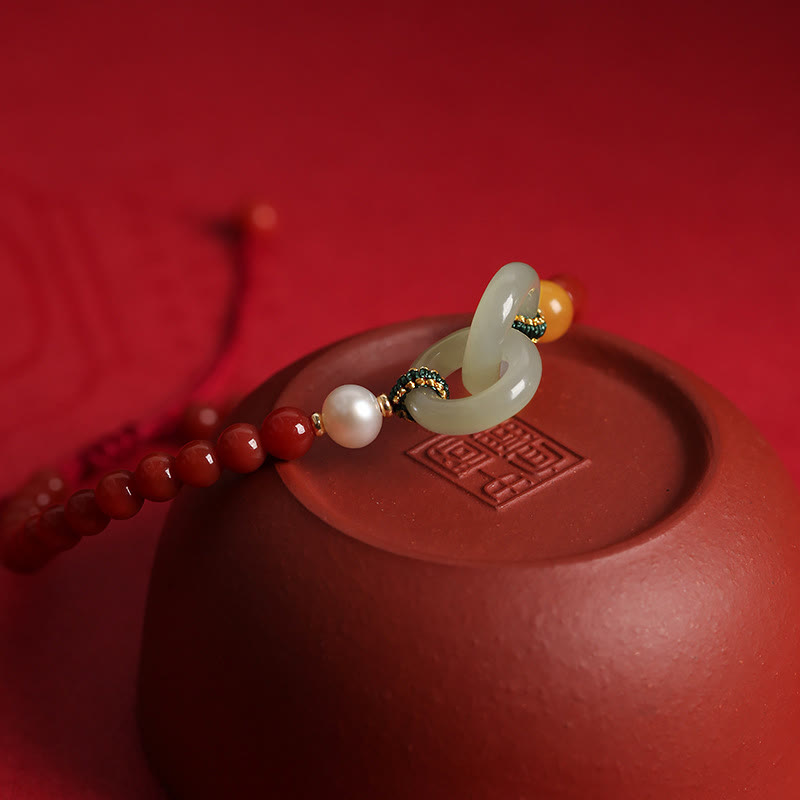 Buddha Stones Natural Red Agate Hetian Jade Double Peace Buckle Confidence Bracelet - image 1