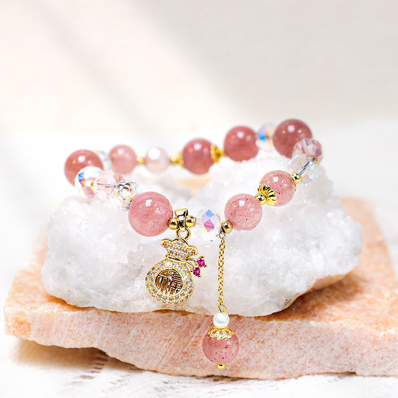 Buddha Stones Natural Strawberry Quartz Crystal Money Bag Charm Positive Bracelet - image 7
