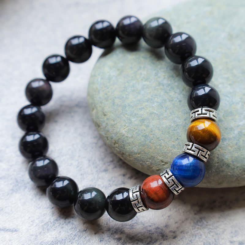 Natural Black Obsidian Tricolor Tiger Eye Strength Bracelet - image 7