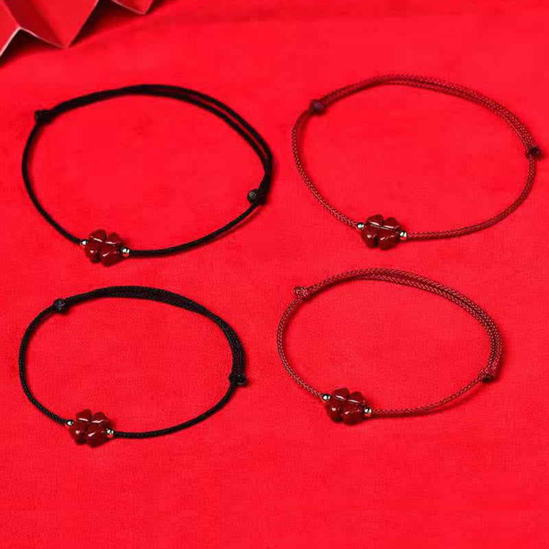 Buddha Stones Natural Cinnabar Four Leaf Clover Blessing Red String Bracelet Anklet - image 6