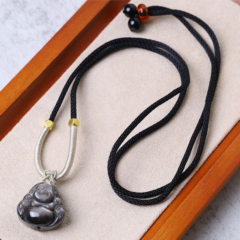 Buddha Stones Natural Silver Sheen Obsidian Laughing Buddha Protection Necklace Pendant - Laughing Buddha Black Necklace - image 9