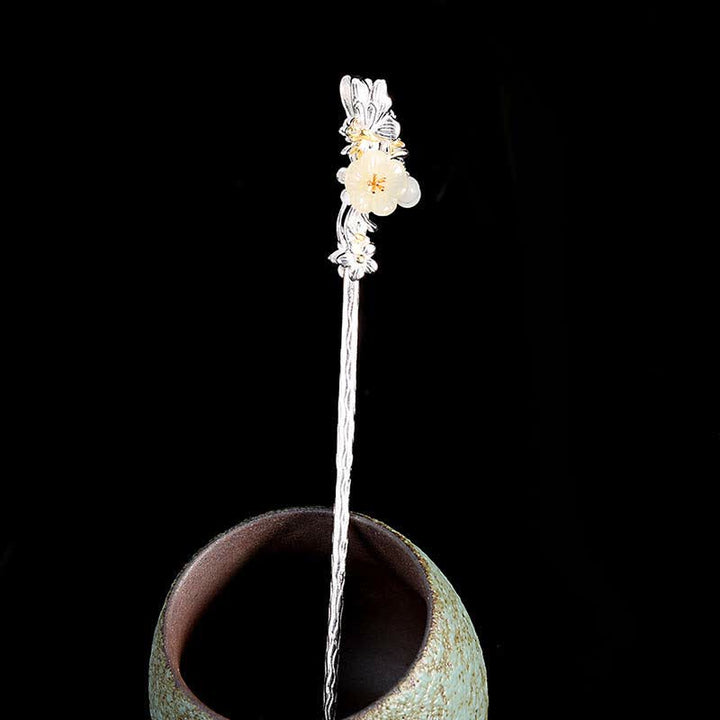 Buddha Stones 925 Sterling Silver Hetian White Jade Flower Blessing Hairpin - image 5