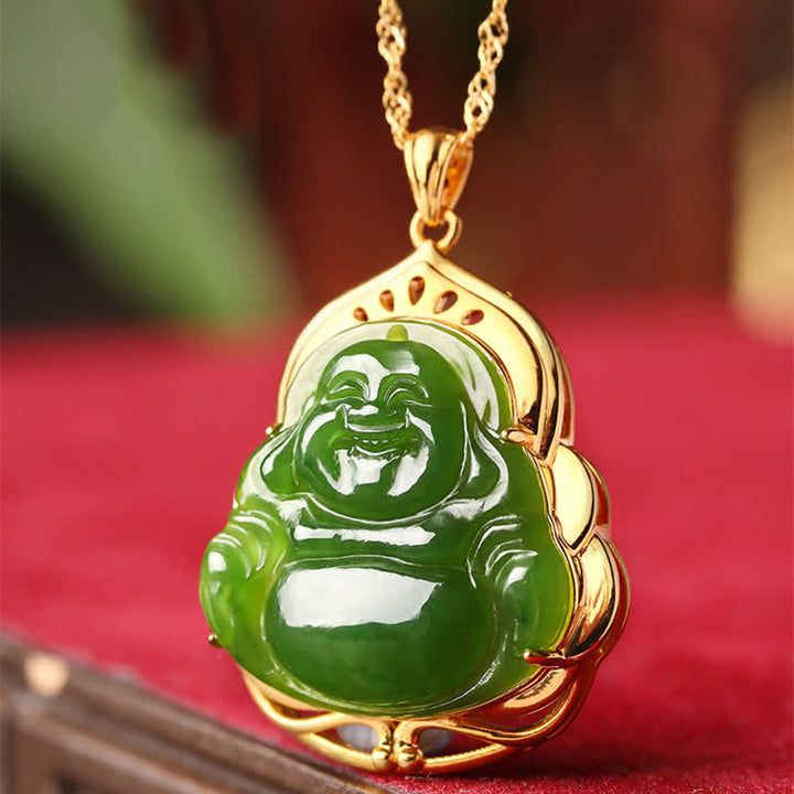 Buddha Stones 925 Sterling Silver Natural Hetian Cyan Jade Laughing Buddha 18K Gold Healing Necklace Chain Pendant - image 3