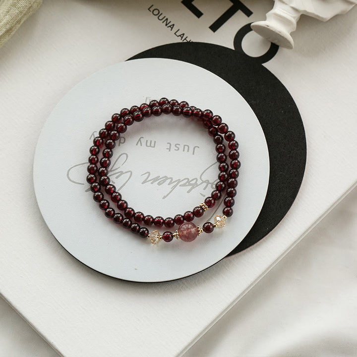 Buddha Stones 14K Gold Plated Natural Garnet Strawberry Quartz Stability Double Wrap Bracelet - image 4