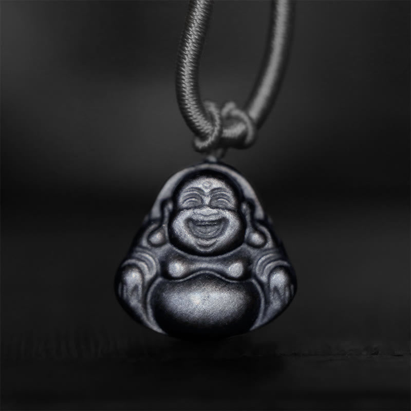 Buddha Stones Natural Silver Sheen Obsidian Laughing Buddha Protection Necklace Pendant - image 0