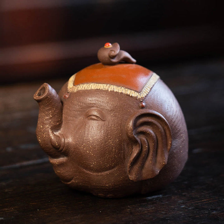 Buddha Stones Cute Elephant Auspicious Clouds Purple Clay Ceramic Teapot - Elephant(220ml) - image 0