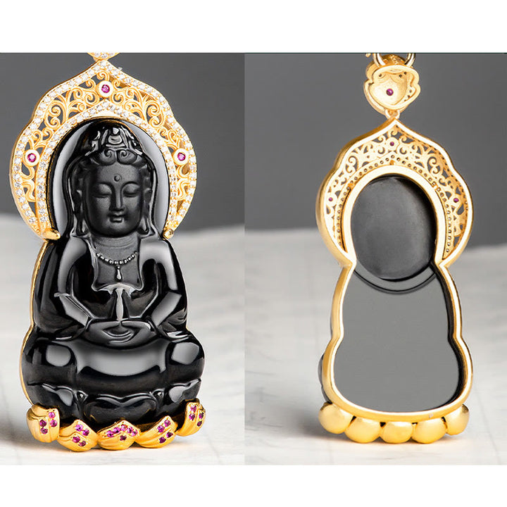 Buddha Stones Natural Black Jade Kwan Yin Avalokitesvara Wealth Titanium Steel Chain Necklace Pendant - image 4