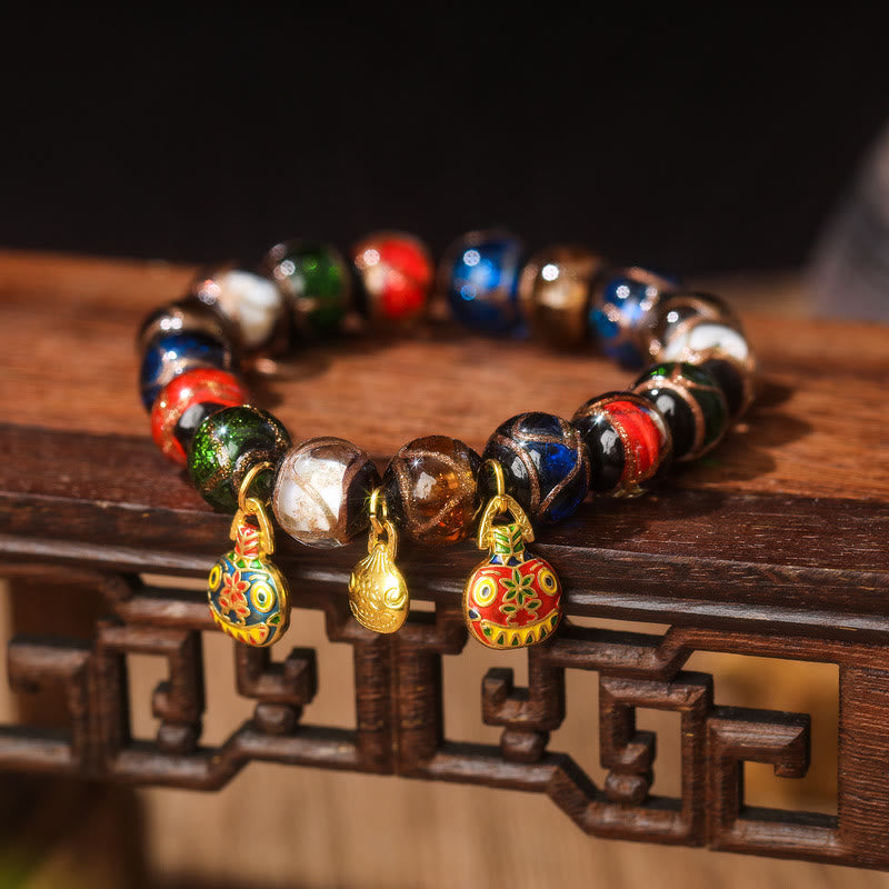 Buddha Stones Five Elements Gold Swallowing Beast Family Charm Liuli Glass Bead Luck Bracelet - Liuli Glass Bead&Small Blue Red Gold Swallowing Beast Family - 14mm(15 Beads) - image 5