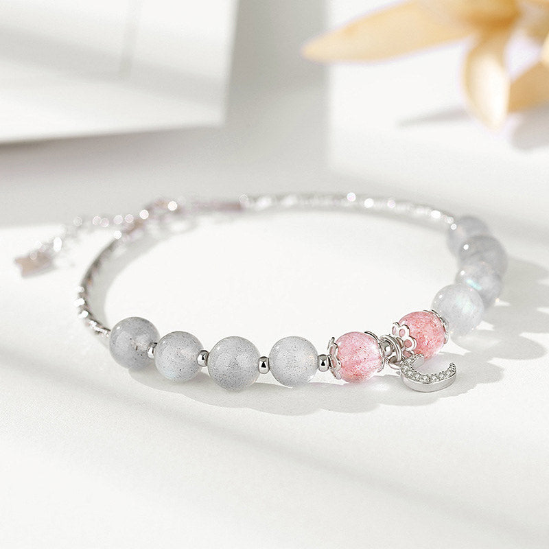 Buddha Stones Strawberry Quartz Moonstone Luck Moon Charm Bracelet - Strawberry Quartz&Moonstone - image 0